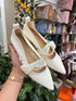 Pearl and Ribbon Decor Pointed Pump Sandals